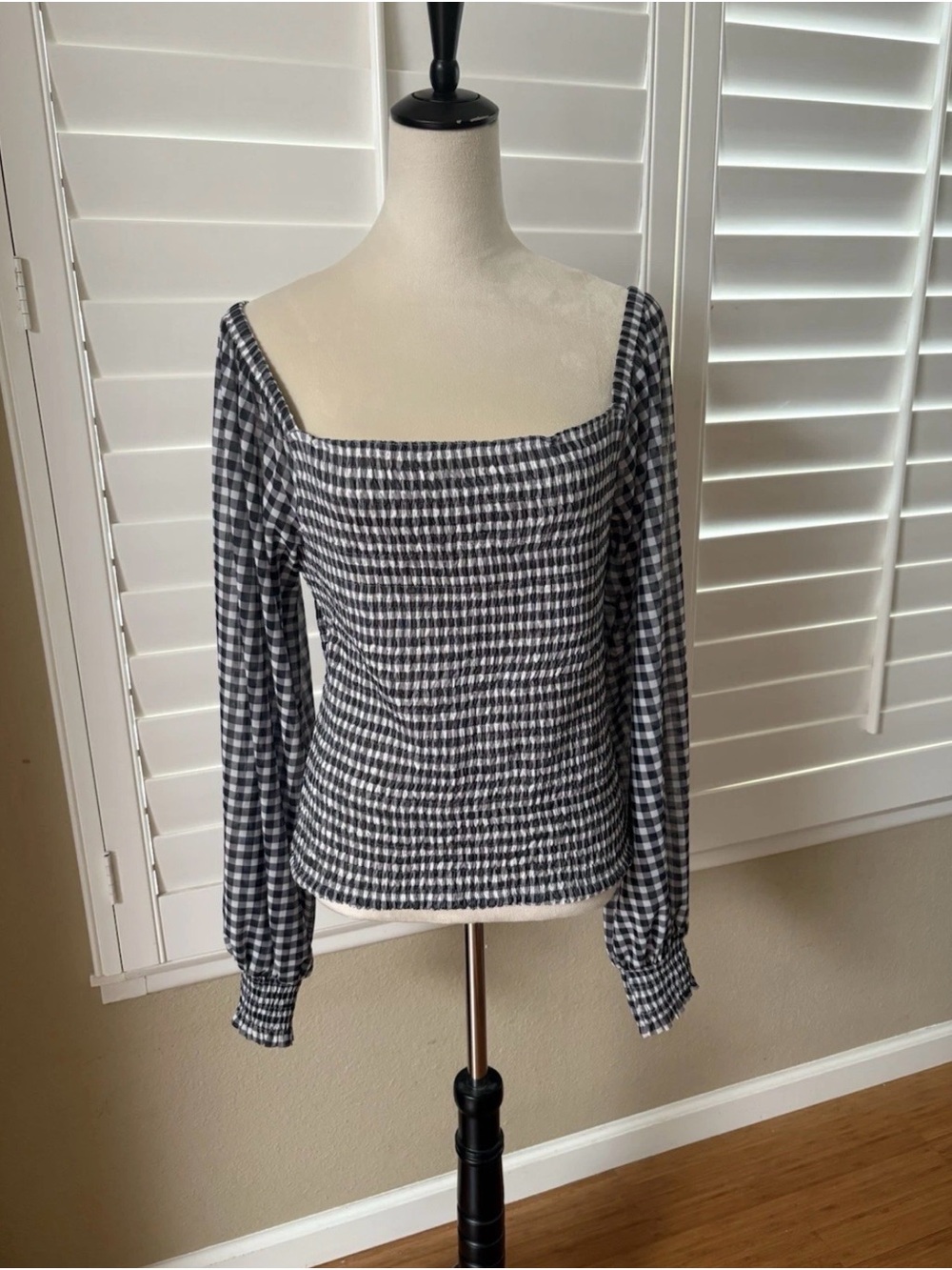Anthropologie Black & White Gingham Off The Shoulder Smocked Blouse